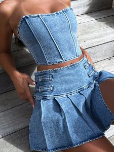 Ternos wsevypo retro azul denim saia de duas peças ternos verão offshoulder bandeau espartilho colheita topos + cintura alta mini saias plissadas conjuntos