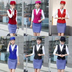 Ternos IZICFLY Verão Novo Estilo Airline Aeromoça Colete Formal Senhoras Terno Colete Negócio com Saia e Calça Uniforme Set1 PCS