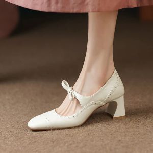 Dresses New Women's Wedding Shoes Bow Mary Jane Shoes High Heels Retro Pumps Vintage Dress Shoes Embossing Zapatos Mujer Autumn