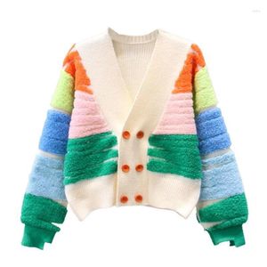 Damenstrick VOLALO Gestreifter Strickpullover Strickjacke Frauen Zweireiher V-Ausschnitt Jacke Mantel Herbst Winter Langarm Lose Stilvolle Tops