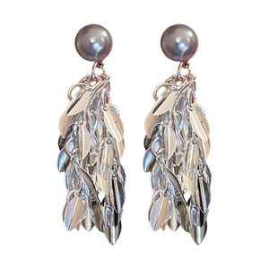 Sier Needle Pearl Leaf Tassel with Cold Individualized Design Sense Earrings Small and Versatile Style Earrings