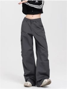 Capris qweek y2k vintage cinza calças de carga feminina moda coreana calças largas oversized streetwear hip hop plissado pantalones básicos