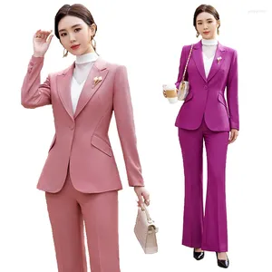 Kvinnors tvåbitar byxor Pink Purple Suits Women Fashion Tempement 2024 Spring Business Interview Slim Blazer och sätter Office Ladies Work