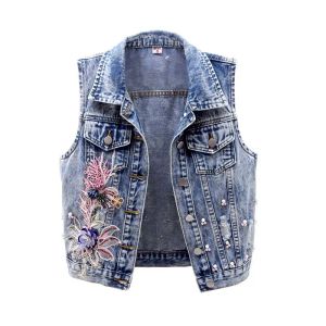 Waistcoats Women Denim Vest Jacket New Autumn Embroidery Beads Sleeveless Vintage Hole Jeans Vest Jacket Overcoat Female Tops Waistcoat