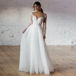 Luxury Long Jewel Neck Tulle Wedding Dresses Full Sleeves with Appliques A Line Floor Length Party Gowns for Bridals