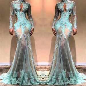 High Neck Gorgeous Long Sleeves Mermaid Evening Illusion Lace Formal Prom Dresses Cutaway Side Celebrity Gowns Bc0003