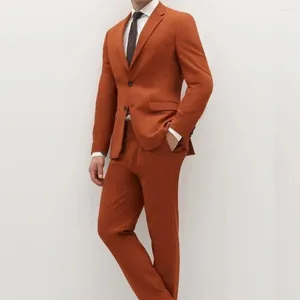 Men's Suits Fashion Orange Blazer Full Set 2 Piece Jacket Pants Slim Fit Wedding Smart Casual Elegant Male Clothing Formal