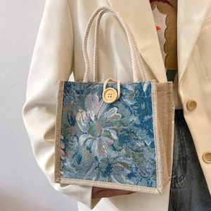 Sacos de compras Bolsa de estudante Linho Aberto Saco de Lona Coreano Moda Flor Design Fivela Lancheira Pequeno Quadrado