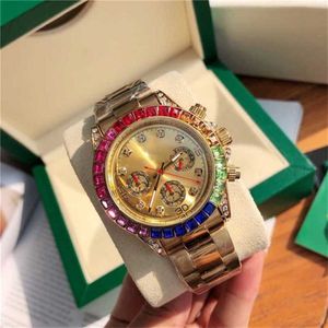 12% rabatt på Watch Watch Full Men Male Colorful Crystals Style Multifunktion Lyx med rostfritt stål Metal Band Quartz Clock Rol 268