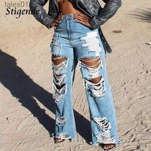 Damen Jeans Jeans Stigende XXXL Denim Hosen Weites Bein Streetwear Sexy Hollow Out Patchwork Geschredderte Modehose 240304