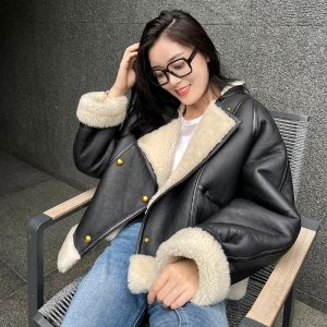 Jackets Lady Wool Shearling Leather Jackets Genuine Sheepskin Short Coat Luxury Fashion Overcoat Streetwear 2022 New Winter MH5045L