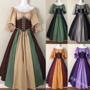 Giyin Kadın Moda Rönesans Victoria Elbise Kısa Kollu Patchwork Ball Gowns Vampir Elbise Tarihsel Sahne Ortaçağ Maksi Elbise