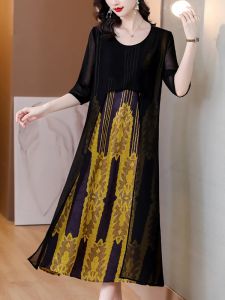 ドレス2023ブラックパッチワークフローラルシフォンフェイクツーピースドレス女性韓国ヴィンテージルーズウエストドレス春の夏エレガントロングドレス