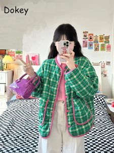 Parkas Vintage Green Plaid Quilted Coat For Women Thick Warm Oneck Long Sleeve Casual Cotton Jacket Autumn Winter Loose Parkas Outwear