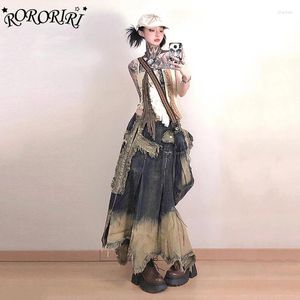 Skirts RORORIRI Big Size Stitch Cross Frayed Denim Skirt Women Bandage Distressed Irregular Hem Long Jeans Vintage Y2k Streetwear