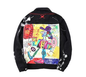 Men039s Jackets Sokotoo Loose Doodle Printed Patchwork Jean Jacket Trendy Streetwear Painted Ripped Denim Coat Black Top Outerw5724885