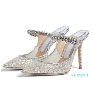 Sandálias femininas da moda Bombas Londres Bing 100 Mules em tule brilhante Itália Classic Pointed Toes Slingback Crystal Ankle Strap Designer Sandália de salto alto Caixa UE 35-43