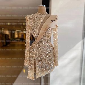 Luxury Formal Evening Cocktail Dresses Simple Mermaid Glitter Sexy Cut Out Glisten Beads Long Sleeve Party Prom Gowns Mini Skirt 240227