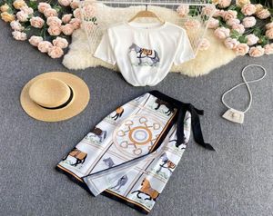 Work Dresses SINGREINY Women 2022 Summer Design Korean Horse Print Set Short Sleeve O Neck White TshirtHigh Waist Midi Skirt Two9128048