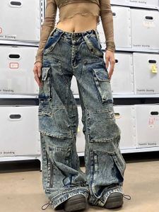 Women's Jeans Long Street Oversized Jeans Vintage Multi Pocket Goods Pants Loose Straight Leg Wash Masked Likki Y2K Street Rangers J240305