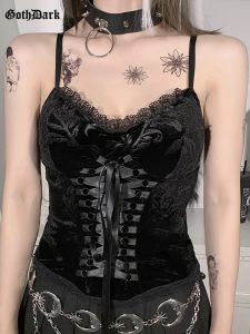 Майки Goth Dark Vintage Mall Готический бархатный женский топ в стиле гранж Egirl Узкие черные укороченные топы с повязками и кружевной отделкой Альтернативная одежда Осень