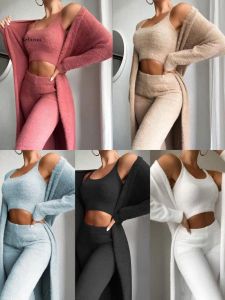 Anzüge Geburtstag Outfits Lounge Tragen Frauen Kleidung 2021 Herbst Winter Sexy VNeck Plüsch Hosen Drei Stück Anzug Weibliche Passenden Sets