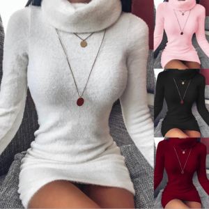 Kleid Herbst Winter Lose Tunika Stricken Pullover Pullover Beiläufige Gestrickte Kleider Rollkragen Langarm Pullover Kleid Frauen