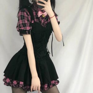 Elbise yaz elbise kadın ekose 2021 kawaii pembe elbise kısa kollu omuz askısı midi elbise lolita harajuku robe