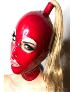 Seksowna egzotyczna bielizna ręcznie robione czerwono lateksowe kaptury z blond peruką Tress Ponytail Cekc Club noszenie fetyszu kostiumów costomize rozmiar xsxxl L5938096