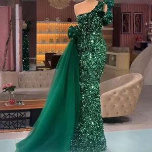 Elegant Arabic Dark Green Formal Evening Dresses Glitter Sequined One Shoulder Mermaid Prom Dress Peplum Floor Length Women Shiny Special Gowns Bc14040