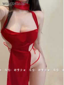 Klä WOMENGAGA EXOTIC RED HÖG MIDSTE CHEONGSAM ÖPPNA BACK HÅLADE OUT MINI DRESS ELEGANT REMS KLÄNNING SEXY LADER KOREASILL H13