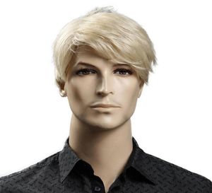 Kort blond manlig syntetiska peruker Amerikanska europeiska 6 tum raka män peruk med hårmössa värmebeständig1748780