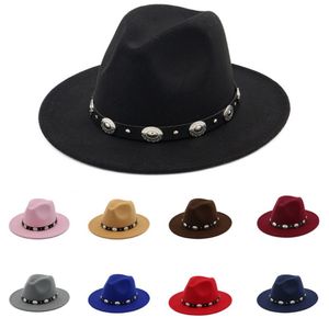 Britischer Stil Wolle Jazz Cap Hut für Frauen Vintage Herbst Winter Damen Fedora Hüte mit Metallgürtel Weibliche Hüte mit breiter Krempe GH-218256I