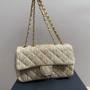Womens Classic Single Flap Quilted Raffia Straw Bags Gold Metal Hardware Matelasse Chain Crossbody Shoulder Handbags Large Capacity Daily Outfit Purse 25cm