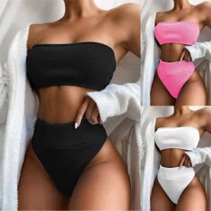 Swimwear Women Sexy 2pcs Bikini Set Strapless Ribbed Bandeau Tube Top Micro Swimsuit High Waist Thong Solid Color Bathing Suit