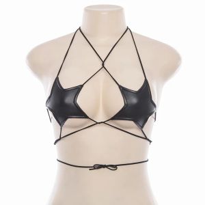 Camis Gothic Stars Bralette Halter Pu Leather Camisole Crop Top Women Bandage Camis Kvinnliga sommaren backless Short Bustier Axelless Tee