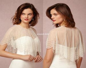 Ny design 2019 Wedding Bridal Wrap Jacket Crew Neck med sipprande Pearl Capelet Custom Made Sheer Tulle Wrap för Bride Cheap1264816