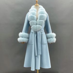 Blends MISSJANEFUR 2022 Women's Winter Coats Real Fox Fur Collar Cashmere Wool Jackets Luxury Long Trench Padded Coats Overcoat Female