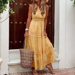 Dress Beach Dress Polka Dot Gold Women Dress Chiffon Swim Suit Cover Up Capes Outing Sarong Tunics Lady Holiday Vacation Beachwear