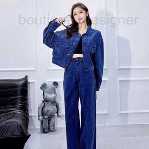 Calças femininas de duas peças designer marca outono e inverno nova carta miu jaqueta curta bordada, azul flor bud denim conjunto de duas peças z5p3