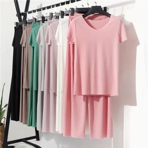 Capris 2022 Frühling und Sommer Damen Loose Elastic Round Neck Short Sleeve High Waist Drape Wide Leg Ice Silk Hosenanzug