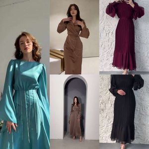 Blue Green V-neck Waist Long Dress With Puff Sleeves Long Straps Slim Fit Bell Sleeves Lady Dress FZ030485