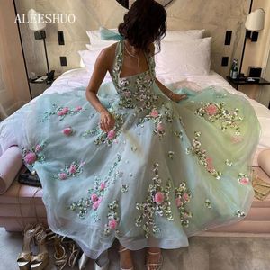 Aleeshuo Green Halter Square Collar Evening Dress Sleeveless Tulle A Line Graduation 3D Flowers Princess Zipper Prom Gown 240227