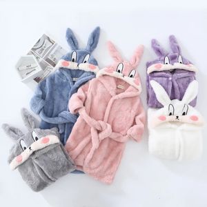 Autumn Winter Kids Hooded Bathrobe Baby Bath Robes Boys Girls Cute Cartoon Rabbit Flannel Pajamas Long Sleeve Towel Robe 240228