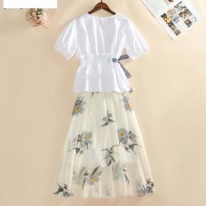 Anzüge Damen Hemd Langes Kleid Zweiteiliger Anzug Sommer Ausländischer Stil Hohe Taille Aline Röcke Sets Koreanische Mode Schule Freizeitkleidung