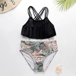 Badebekleidung Ruffle Baby Kids High Taille Badeanzug Badebekleidung 2023 Print Kids Girls Bandage Bikinis für Mädchen Sommer Beach Student Kinder Biquini