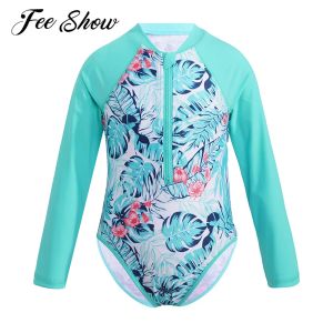 Swimwear Girls' swimsuits Swimwear One piece front Zipper Long Sleeve Swimsuit for Kids Bathing Suits Brazilian Beachwear Rash Guards