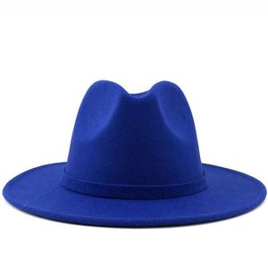 Skąpy brzeg kapelusze proste kobiety mężczyźni szerokie solidne wełny Feel Fintage Jazz Jazz Style Fedora Hat Lady Party Panama Caps Gentry246e