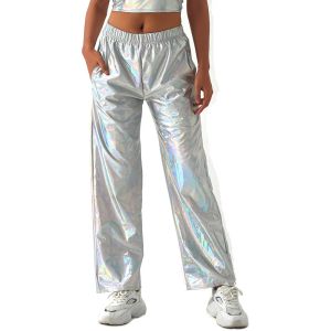 Capris kadın parlak hip hop pantolonlar lazer metalik ıslaklık geniş bacak pantolon retro disko hippi kulübü sıska çan dip sokak kıyafeti yetişkin