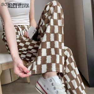 Capris Plaid Pants Kobiety luźne swobodne wysokiej talii Hotsweet pełna długość Summer Thin dziewczęcy Allmatch Korean Style Folds Streetwear Ins